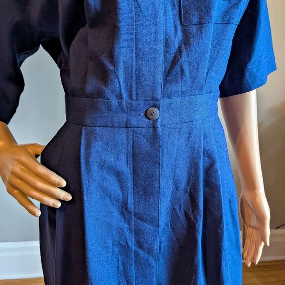 Vintage 80s Allison Smith Navy Blue Midi Dress Nautical Preppy Crest Size 10 - Picture 10 of 12